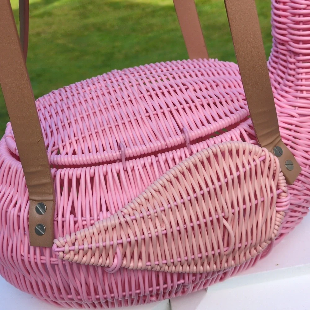 NWOT Pink Flamingo Wicker Purse Bag Basket - Picture 4 of 13